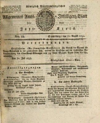 Allgemeines Amts- und Intelligenz-Blatt für den Jaxt-Kreis Samstag 11. August 1832