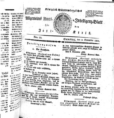 Allgemeines Amts- und Intelligenz-Blatt für den Jaxt-Kreis Samstag 9. November 1833