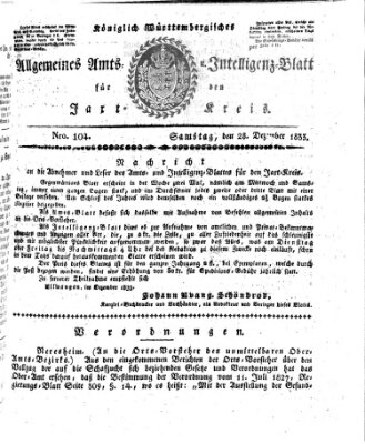 Allgemeines Amts- und Intelligenz-Blatt für den Jaxt-Kreis Samstag 28. Dezember 1833