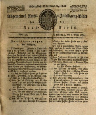 Allgemeines Amts- und Intelligenz-Blatt für den Jaxt-Kreis Samstag 1. März 1834