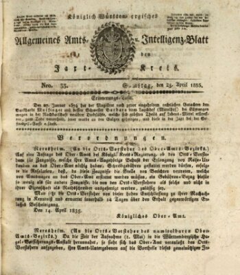 Allgemeines Amts- und Intelligenz-Blatt für den Jaxt-Kreis Samstag 25. April 1835
