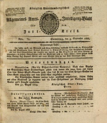 Allgemeines Amts- und Intelligenz-Blatt für den Jaxt-Kreis Samstag 5. September 1835