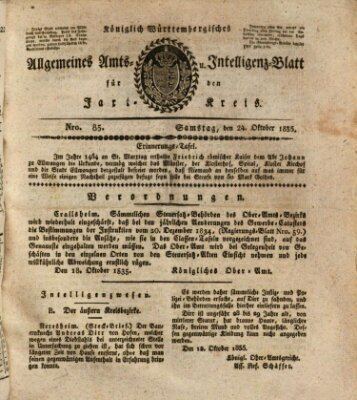 Allgemeines Amts- und Intelligenz-Blatt für den Jaxt-Kreis Samstag 24. Oktober 1835