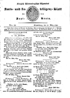 Allgemeines Amts- und Intelligenz-Blatt für den Jaxt-Kreis Samstag 28. März 1840