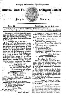 Allgemeines Amts- und Intelligenz-Blatt für den Jaxt-Kreis Samstag 25. April 1840