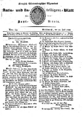 Allgemeines Amts- und Intelligenz-Blatt für den Jaxt-Kreis Mittwoch 22. Juli 1840