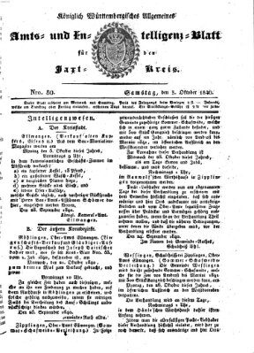 Allgemeines Amts- und Intelligenz-Blatt für den Jaxt-Kreis Samstag 3. Oktober 1840