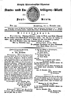 Allgemeines Amts- und Intelligenz-Blatt für den Jaxt-Kreis Samstag 21. November 1840