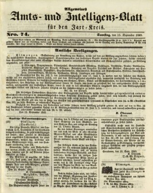 Allgemeines Amts- und Intelligenz-Blatt für den Jaxt-Kreis Samstag 15. September 1849