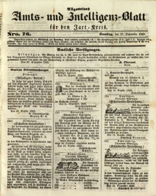 Allgemeines Amts- und Intelligenz-Blatt für den Jaxt-Kreis Samstag 22. September 1849