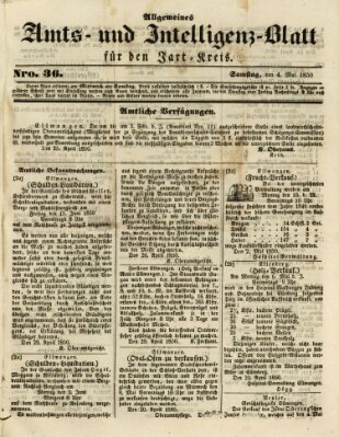 Allgemeines Amts- und Intelligenz-Blatt für den Jaxt-Kreis Samstag 4. Mai 1850