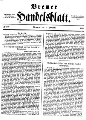 Bremer Handelsblatt Samstag 15. Februar 1862