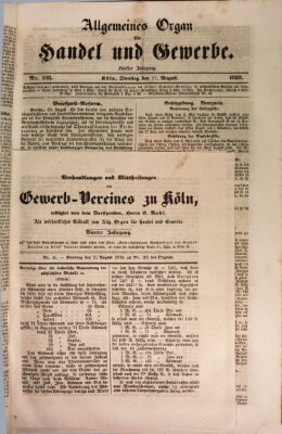 Allgemeines Organ für Handel und Gewerbe und damit verwandte Gegenstände Sonntag 25. August 1839