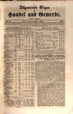 Allgemeines Organ für Handel und Gewerbe und damit verwandte Gegenstände Samstag 27. März 1841