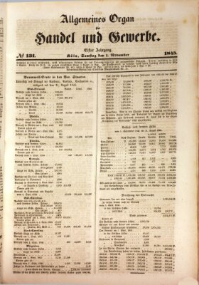 Allgemeines Organ für Handel und Gewerbe und damit verwandte Gegenstände Samstag 1. November 1845