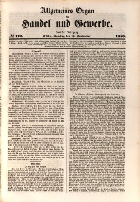 Allgemeines Organ für Handel und Gewerbe und damit verwandte Gegenstände Samstag 12. September 1846