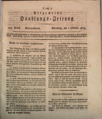 Allgemeine Handlungs-Zeitung Samstag 2. Oktober 1819