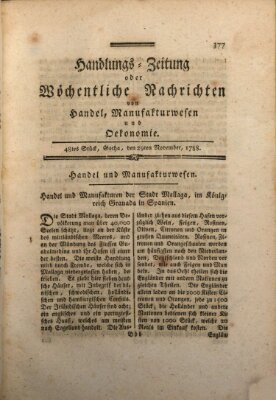 Handlungszeitung oder wöchentliche Nachrichten von Handel, Manufakturwesen, Künsten und neuen Erfindungen Samstag 29. November 1788