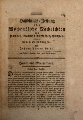 Handlungszeitung oder wöchentliche Nachrichten von Handel, Manufakturwesen, Künsten und neuen Erfindungen Samstag 14. April 1792