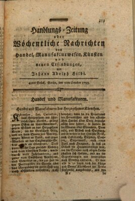 Handlungszeitung oder wöchentliche Nachrichten von Handel, Manufakturwesen, Künsten und neuen Erfindungen Samstag 5. Oktober 1793