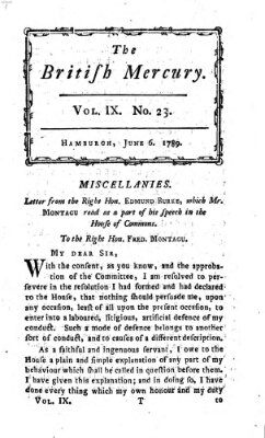 The British mercury or annals of history, politics, manners, literature, arts etc. of the British Empire Samstag 6. Juni 1789