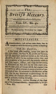 The British mercury or annals of history, politics, manners, literature, arts etc. of the British Empire Samstag 2. Oktober 1790