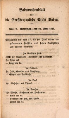 Badewochenblatt für die großherzogliche Stadt Baden Dienstag 20. Juni 1826