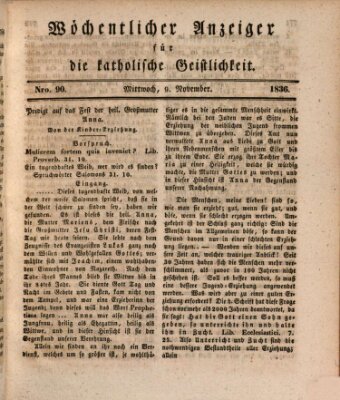 Wöchentlicher Anzeiger für die katholische Geistlichkeit Mittwoch 9. November 1836
