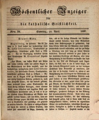 Wöchentlicher Anzeiger für die katholische Geistlichkeit Samstag 29. April 1837