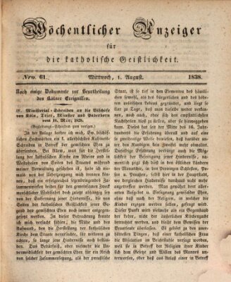 Wöchentlicher Anzeiger für die katholische Geistlichkeit Mittwoch 1. August 1838