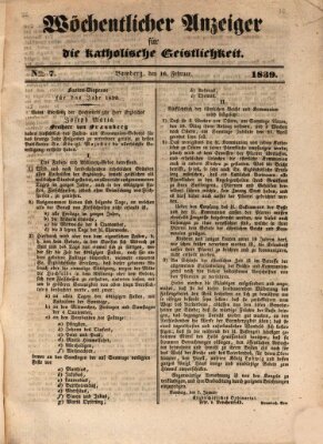 Wöchentlicher Anzeiger für die katholische Geistlichkeit Samstag 16. Februar 1839