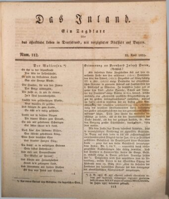Das Inland (Deutsche Tribüne) Mittwoch 22. April 1829