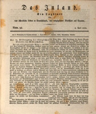 Das Inland (Deutsche Tribüne) Freitag 2. April 1830