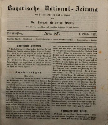 Bayerische National-Zeitung Donnerstag 1. Oktober 1835