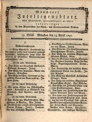 Münchner Intelligenzblatt Samstag 14. April 1792