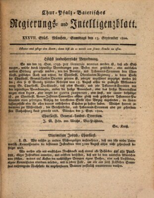 Chur-pfalz-baierisches Regierungs- und Intelligenz-Blatt (Münchner Intelligenzblatt) Samstag 13. September 1800