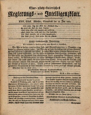 Chur-pfalz-baierisches Regierungs- und Intelligenz-Blatt (Münchner Intelligenzblatt) Samstag 18. Juli 1801