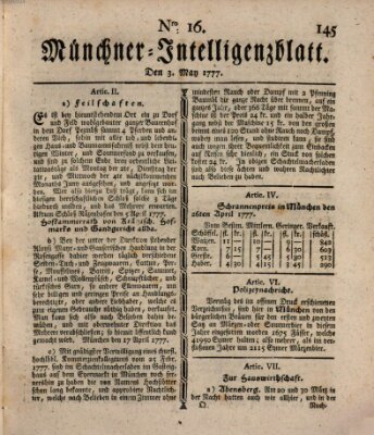 Münchner Intelligenzblatt Samstag 3. Mai 1777