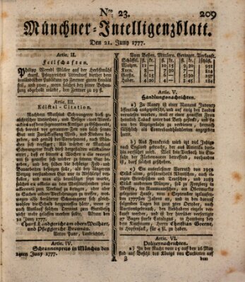 Münchner Intelligenzblatt Samstag 21. Juni 1777