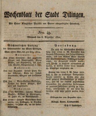 Wochenblatt der Stadt Dillingen Mittwoch 6. Dezember 1820