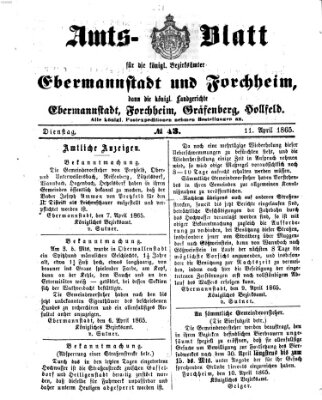 Amtsblatt für die Königlichen Bezirksämter Forchheim und Ebermannstadt sowie für die Königliche Stadt Forchheim Dienstag 11. April 1865