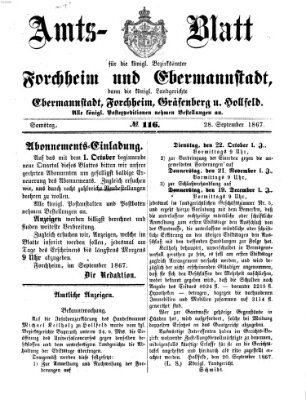 Amtsblatt für die Königlichen Bezirksämter Forchheim und Ebermannstadt sowie für die Königliche Stadt Forchheim Samstag 28. September 1867