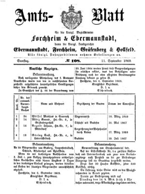 Amtsblatt für die Königlichen Bezirksämter Forchheim und Ebermannstadt sowie für die Königliche Stadt Forchheim Samstag 11. September 1869