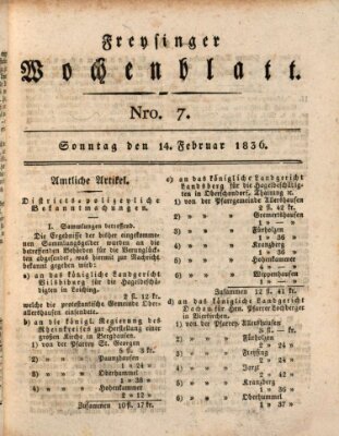Freisinger Wochenblatt Sonntag 14. Februar 1836