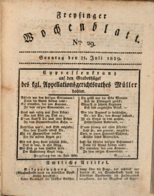 Freisinger Wochenblatt Sonntag 21. Juli 1839