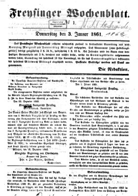 Freisinger Wochenblatt Donnerstag 3. Januar 1861
