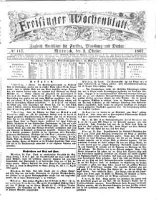 Freisinger Wochenblatt Mittwoch 2. Oktober 1867