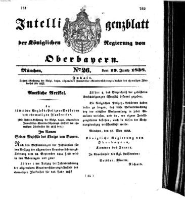 Intelligenzblatt der Königlich Bayerischen Regierung von Oberbayern (Münchner Intelligenzblatt) Dienstag 19. Juni 1838