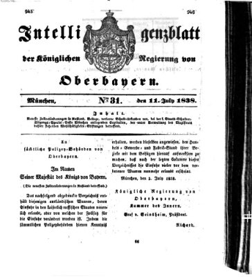 Intelligenzblatt der Königlich Bayerischen Regierung von Oberbayern (Münchner Intelligenzblatt) Mittwoch 11. Juli 1838