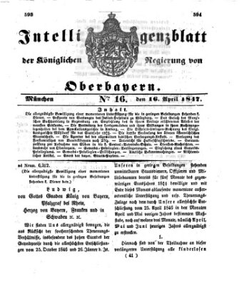 Intelligenzblatt der Königlichen Regierung von Oberbayern (Münchner Intelligenzblatt) Freitag 16. April 1847